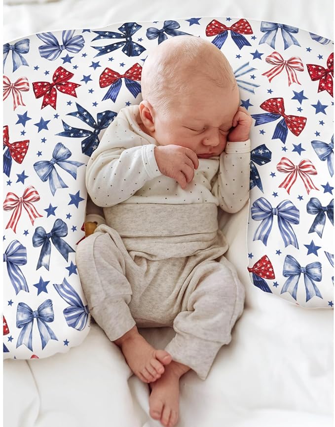 Red White & Blue Bows Nursing Pillow Covers for Boy Girl Patriotic Ribbons Stars Nursing Slipcovers for Breastfeeding Pillows Cute 4th of July Party Soft Stretchy Removable Cover for Newborn Infant