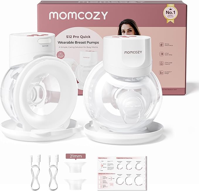Momcozy Breast Pump S12 Pro Quick, Hands-Free Wearable & Wireless Pump, with DoubleFit Hybrid Flange, 3 Modes & 9 Levels Electric Pump Portable, Smart Display, 24mm Flange, 2 Count, Cozy White