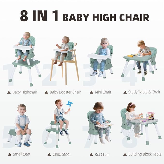 Baby High Chair, 8 in 1 Convertible Highchair, Booster Seat, Building Block/Activity Table, Stool, Feeding Chair with Dishwasher-Safe Tray, High Chairs for Babies and Toddlers (Green)