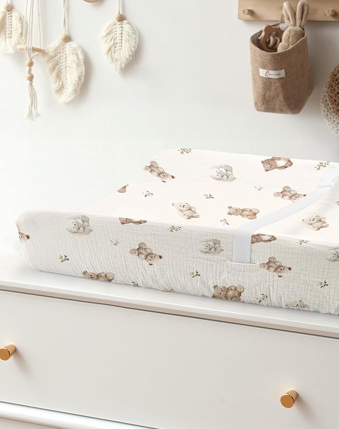 Changing Pad Cover for Baby Girls Boys, Muslin Changing Table Pad Covers with Boho Style, Neutral Color Soft and Breathable (Teddy)