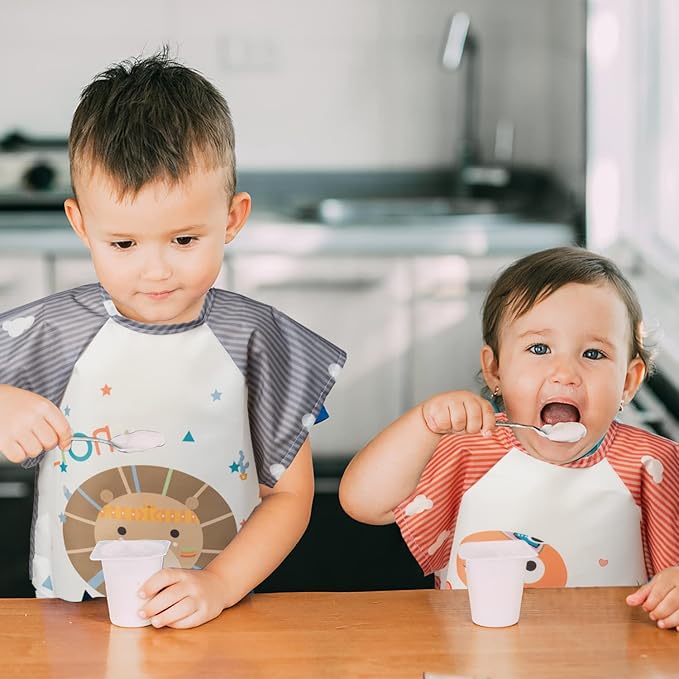 R HORSE 5Pcs Short Sleeved Bib for Baby Toddlers Waterproof Sleeved Infants Feeding Bib with Crumb Capacity Pocket Baby Shower Birthday Gifts for Boy Girl 0-36 Months