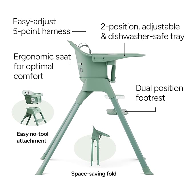 Mompush Olli 7-in-1 Convertible High Chair for Babies and Toddlers – Adjustable Height & Footrest, Dishwasher-Safe Tray, Compact Foldable Design for Easy Storage & Travel, Lightweight Yet Durable