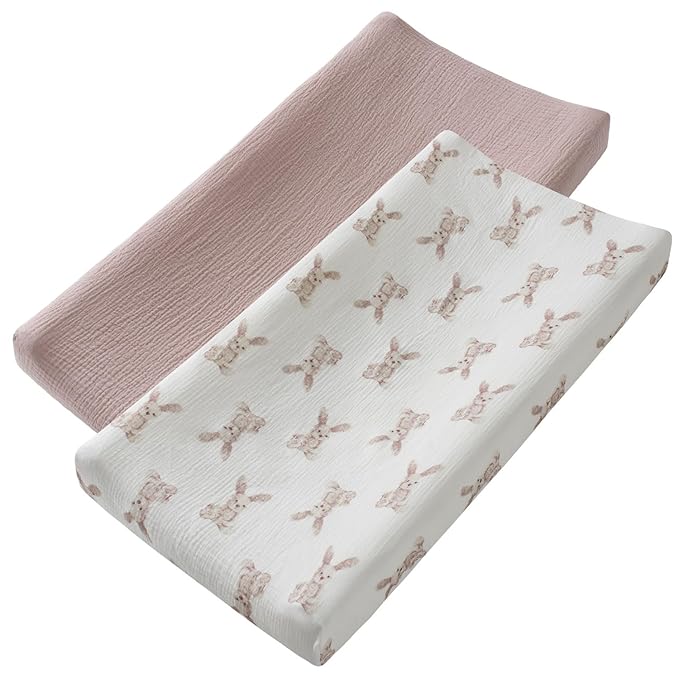 Little Jump Muslin Changing Pad Cover for Baby Girls Boys, 100% Cotton Soft Breathable Changing Table Covers, Baby Diaper Change Table Pad Cover, 2 Pack (Bunny)