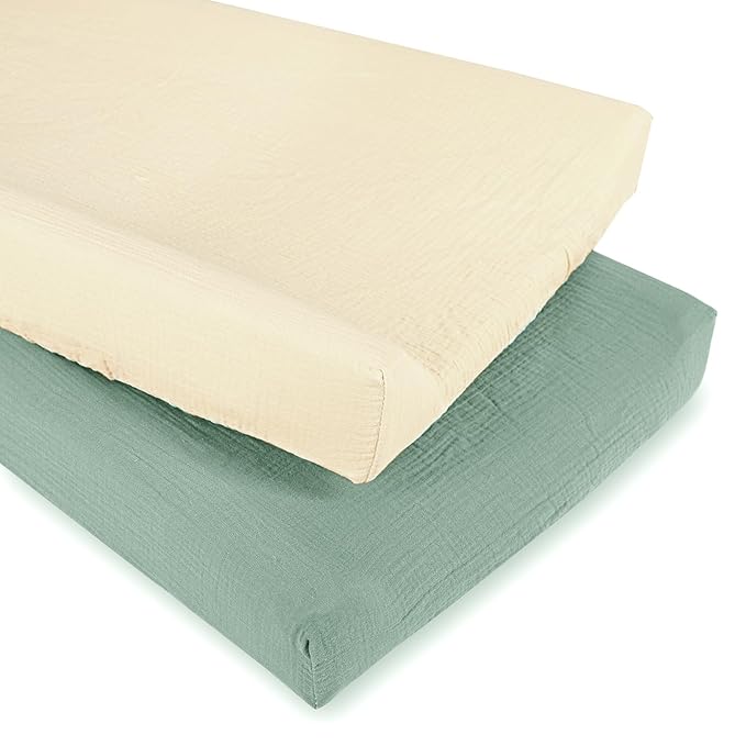 Hooyax Baby Changing Pad Cover 2-Pack, Muslin Soft Breathable Changing Table Pad Covers for Nursery, Easy Care Changing Pad Sheets for Girls and Boys(Green, Wheat)