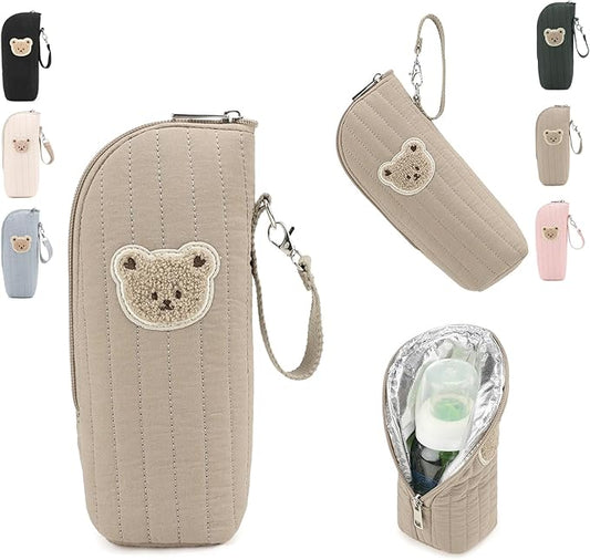 Insulated Baby Bottle Bag, Cotton Thermal Storage Organizer with Bear Design, 8.66x2.76x3.15 Inches, Light Blue, for Breast Milk Transport and Snacks (brown)