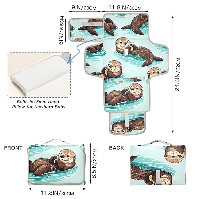 Sea Otters Portable Diaper Changing Pad - Waterproof Foldable Baby Diaper Changing Pad with Built-in Pillow, Travel Diaper Changing Mat for Newborn Baby