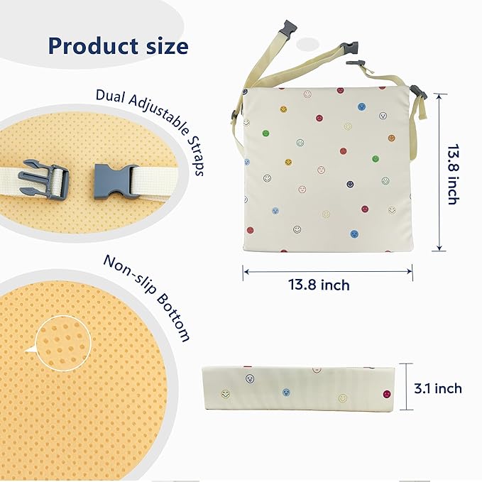 Toddler Booster Seat for Dining Table, Waterproof & Easy-to-Clean PU Cover, Safety Certified, Portable Booster Seat for Kitchen Chairs (Beige - Smile)