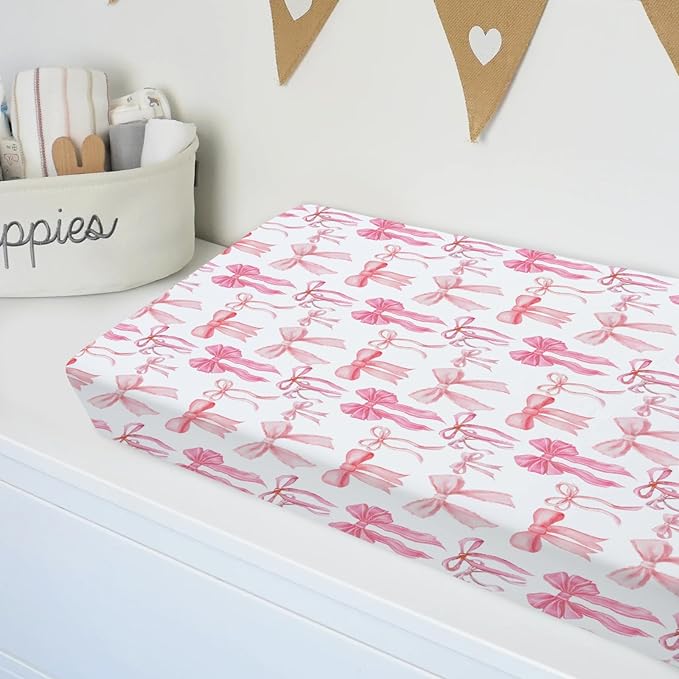 Baby Girls Changing Pad Covers Watercolor Pink Bows, Cute Ribbon Bowknot Safe Snug Fitted Diaper Table Sheet, Soft Breathable Stretchy Change Mat Shower Gift Fit 32 34 x 16