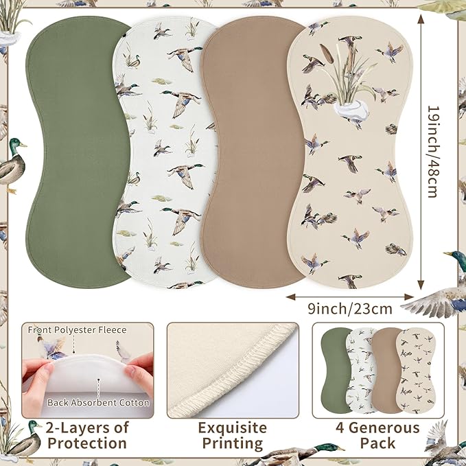 Boao 4 Pcs Mallard Duck Baby Burp Cloths Duck Hunting Soft Plush Newborn Spit up Rags Mallard Burp Cotton Cloths Rag for Boy Girl Newborn Infant Gifts Nursery Decor 20.87 x 9.84 Inches(Hunting,Green)