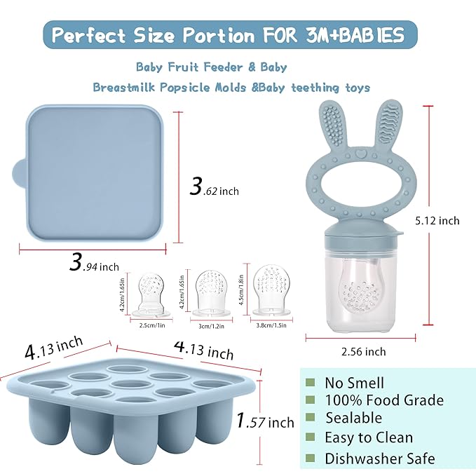 Baby Breastmilk Popsicle Molds & Baby Fruit Feeder (2 Pack), Baby Food Freezer Tray Storage Containers, Silicone Teething Pacifier Feeder and Teether for Babies,Baby Feeder - Blue