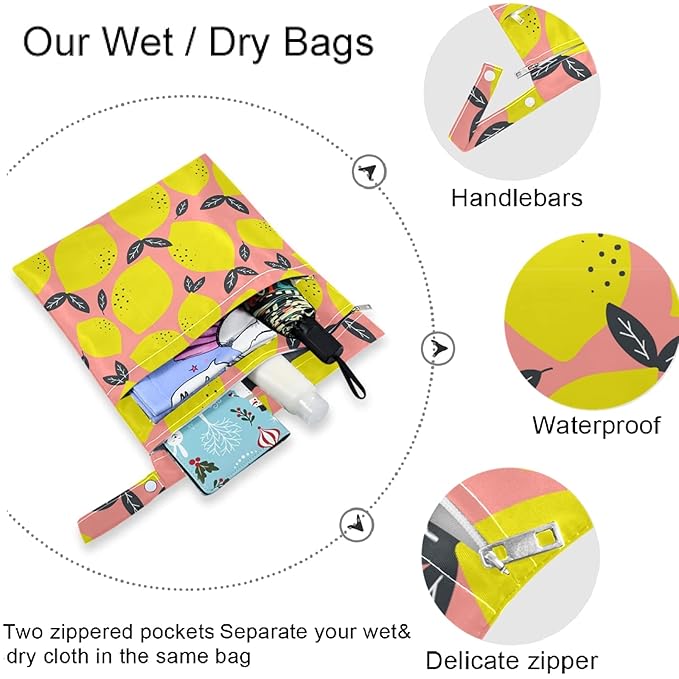 visesunny Cute Yellow Lemon Pink Pattern 2Pcs Wet Bag with Zippered Pockets Washable Reusable Roomy for Travel,Beach,Pool,Daycare,Stroller,Diapers,Dirty Gym Clothes, Wet Swimsuits, Toiletries