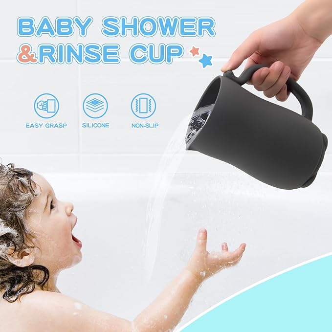 mandoo Baby Bath Rinse Cup - Food Grade Silicone - Shampoo & Body Washing Rinser Cup for Kids with Easy Grip Handle to Rinse Baby Shampoo and Soap - Baby Essentials (Dark Gray)