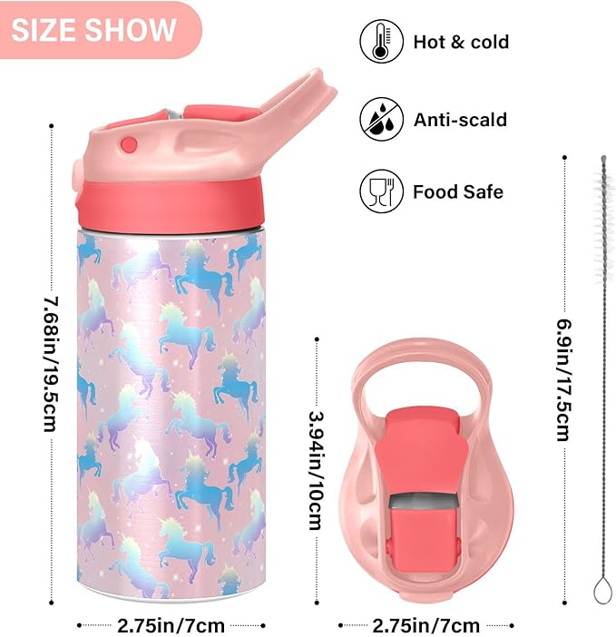 Butterfly Girls Water Bottle with Straw and Carry Handle Rainbow Cute Animals Vacuum Insulated Stainless Steel Bottles Leak-Proof for Boys Kids Toddler 12 oz Pink Lid