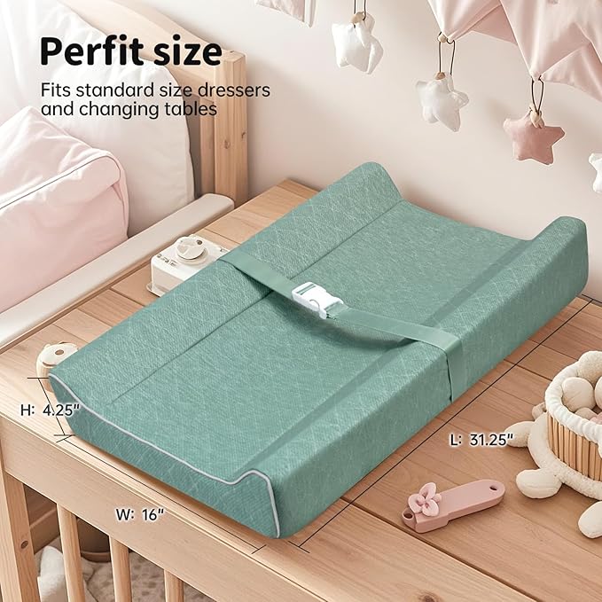 Baby Soft Changing Pad with Washable Cover, Baby Diaper Changing Pads for Dresser Top with Safety Strap,Non-Slip Bottom, Topper for Standard Size Infant Diaper Table & Dresser(Green)