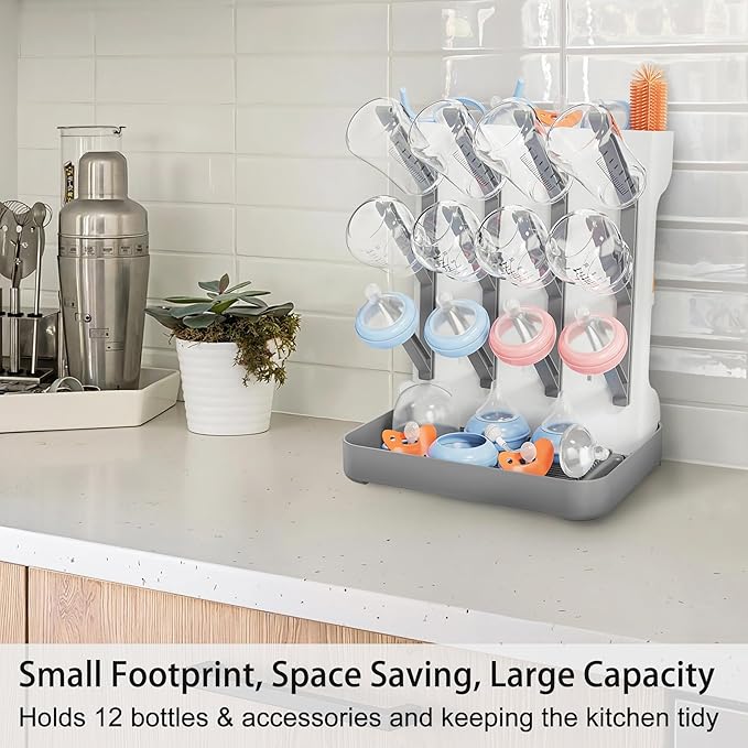 Baby Bottle Drying Rack, Vertical Bottle Rack Dryer Space Saving Bottle Drying Rack Countertop Organizer with Brush Holder for Bottles & Baby Accessories Pacifiers and Pump Part- BPA-Free (Gray)