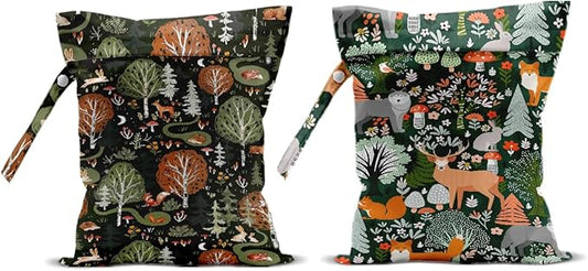 2Pcs Forest Animals Print Wet Bags, Wet Dry Bag Reusable for Swimsuit, Travel, Diapers, Pool, Beach, Dirty Yoga Gym Clothes, Toiletries, Makeup Bag, Zipper Pouch Waterproof Birthday Christmas Gifts