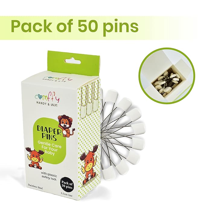 50 PCS Diaper Pins - Stainless Steel Pins with Plastic Safety Lock, Large Nappy Pins with White Plastic Heads, 5.5cm x 1.1cm - Safety Pins for Baby Cloth Diapers