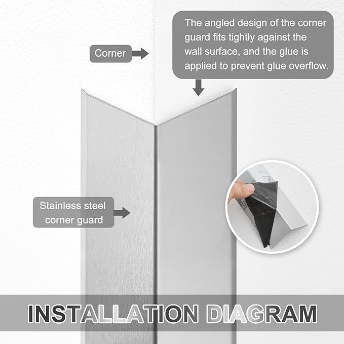 MorningRo 8 Pack Stainless Steel Wall Corner Guards 2x2x48 Inch Heavy Duty Wall Corner Protector Metal Edge Protectors with 90-Degree Angle Smooth Folded Edge Design for Protection and Decoration