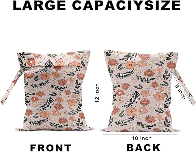 2Pcs Floral Print Wet Bags, Wet Dry Bag Reusable for Swimsuit, Travel, Diapers, Pool, Beach, Dirty Yoga Gym Clothes, Toiletries, Makeup Bag, Zipper Pouch Waterproof Birthday Christmas Gifts