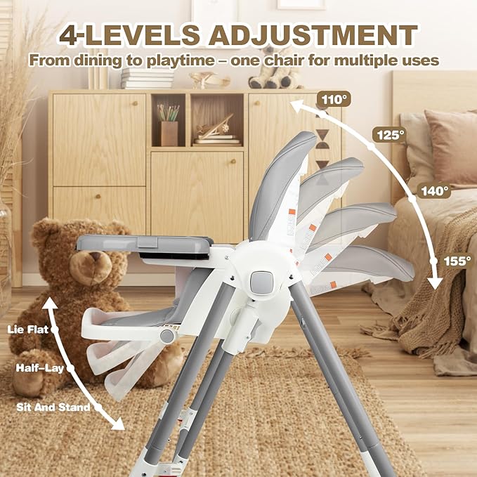 High Chairs for Babies and Toddlers Convert to Baby Rocker Foldable High Chair Adjustable Convertible with Reclining Seat & Leg Rest, 3-in-1 with Tool-Free Assembly (Grey)