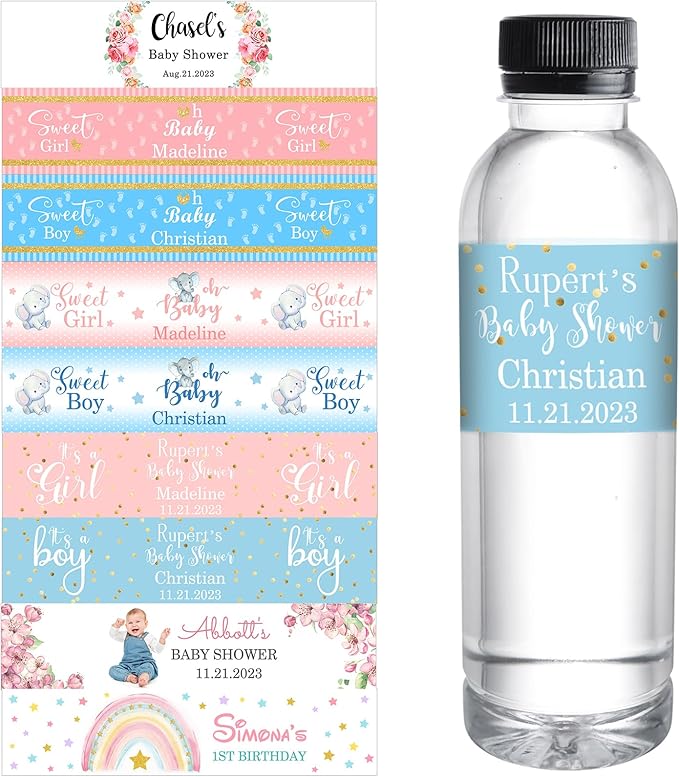 Personalized Water Bottle Labels for Baby Shower Custom Baby Shower Labels with Name for Water Bottle Stickers Waterproof Printable Photo Bottle Labels Gifts 50 Pcs