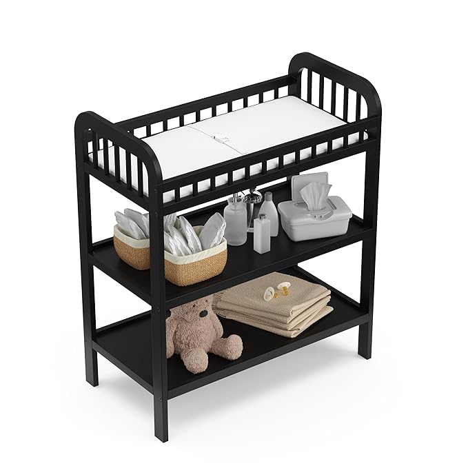 Storkcraft Pasadena Changing Table with Water-Resistant Changing Pad (Black) - GREENGUARD Gold Certified, Includes Bonus Water-Resistant Changing Pad with Safety Strap, 2 Open Shelves