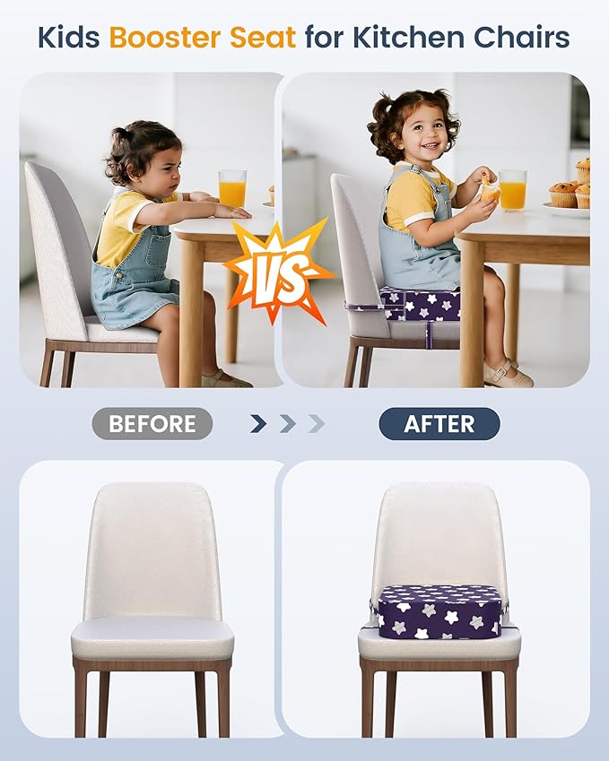 Toddler Booster Seat for Dining Table and Kitchen Chair – Adjustable Safety Straps, Non-Slip, Easy to Clean, Portable Travel Foam Booster Cushion Seat for Kids & Toddlers (Purple-Star)