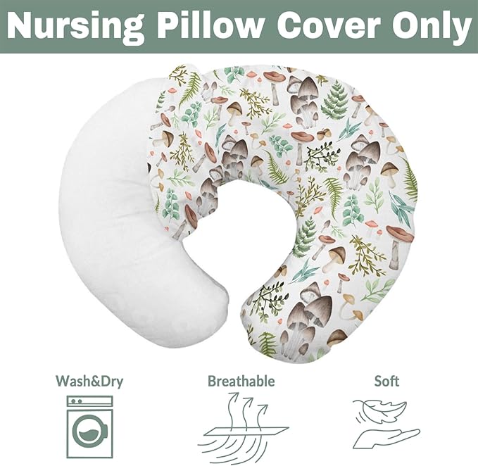 Vintage Mushroom Baby Nursing Pillow Covers for Boy Girl Retro Mushrooms Green Leaves Nursery Pillowcase for Breastfeeding Pillows Magical Plant Soft Stretchy Slipcovers for Newborn Infant