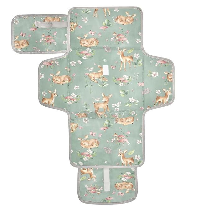 Deer Portable Diaper Changing Pad with Wipes Holder, Woodland Fawn Foldable Baby Diaper Changer Travel Bag Forest Animals Baby Changing Mat with Built-in Pillow for Newborn