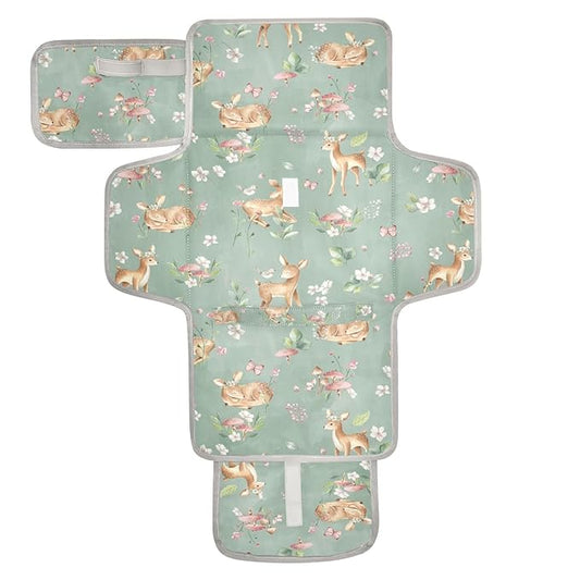 Deer Portable Diaper Changing Pad with Wipes Holder, Woodland Fawn Foldable Baby Diaper Changer Travel Bag Forest Animals Baby Changing Mat with Built-in Pillow for Newborn