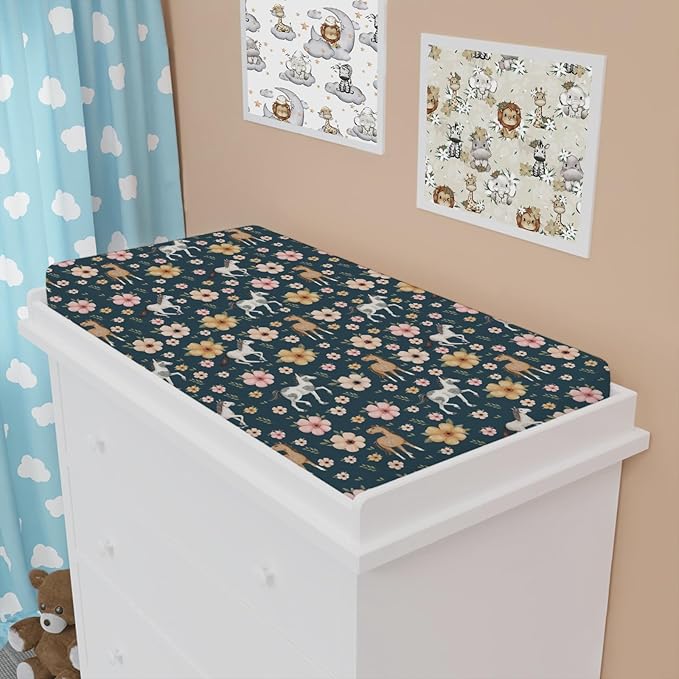 Watercolor Horse Boho Floral Changing Pad Cover Cute Horses Baby Diaper Change Table Pad Cover for Boys Girls Soft Breathable Stretch Snug Fitted Diaper Changing Mat Sheets Covers 32''x16'' Navy