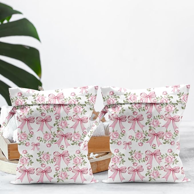 Waterproof Cloth Diaper Wet Dry Bag Reusable Travel Beach Pool Daycare Soiled Toddler Items Yoga Gym Bag for Swimsuits Wet Clothes Bags - 2pcs Pink Bow Themed Pattern