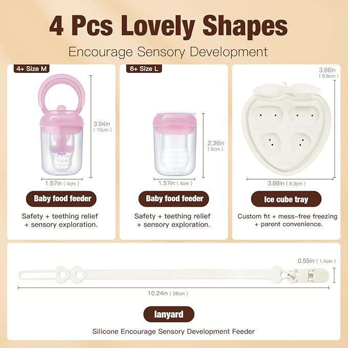 Baby Fruit Feeder & Popsicle Molds Tray Combo, New Born Must Haves and Babies Led Weaning Supplies for Safe Infant Self Feeding, 4+ Month (Pink)