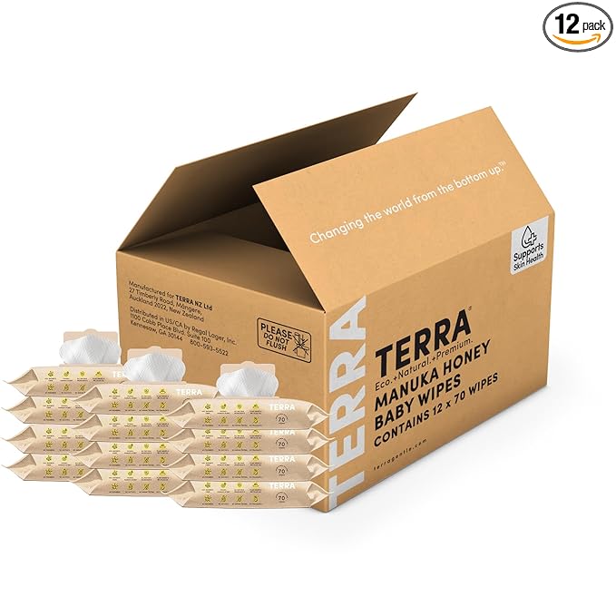 Terra Bamboo Baby Wipes: Manuka Honey, 99.5% Pure New Zealand Water, 100% Biodegradable Bamboo Fiber, 0% Plastic, Unscented Baby Wipes for Sensitive Skin, 12 Packs of 70 Wipes