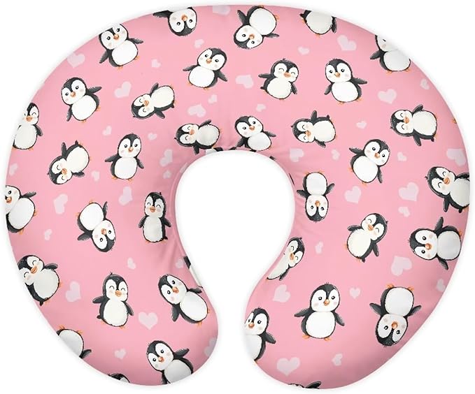 Pink Cartoon Penguin Nursing Pillow Covers Breastfeeding Pillow Slipcover for Newborn Soft Nursing Pillow Case Skin-Friendly U-Shaped Hidden Zipper Design