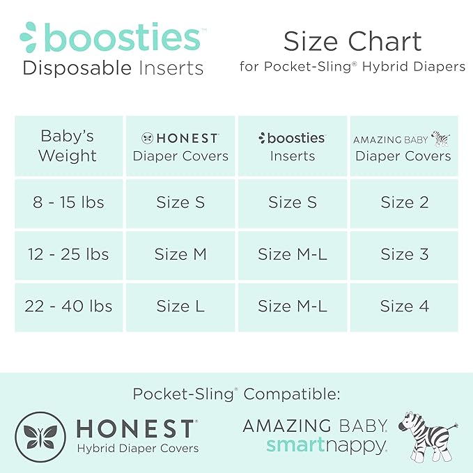 Overnight Diaper Leak Stopper, Super Boosties Disposable Inserts, Use with Pampers Sizes 2-6, Honest Hybrid Diaper Cover Sz Small, Amazing Baby Cover Sz 2, Pocket-Sling Compatible, 4.3x11 in, 32 count