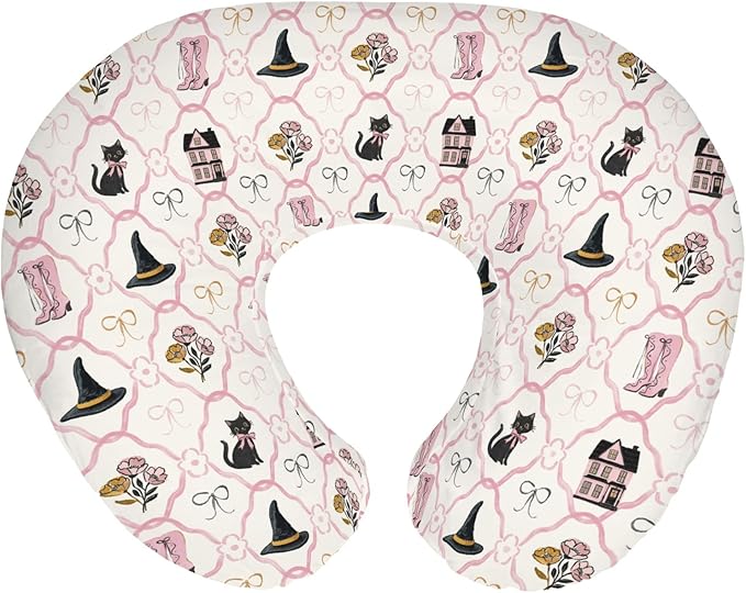 Cute Pink and Black Halloween Baby Nursing Pillow Covers for Girl Witch Cat Castle Floral Bows Slipcovers for Breastfeeding Pillows Spooky Halloween Soft Stretchy Removable Covers for Newborn Infant