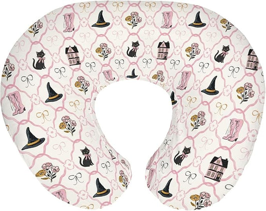 Cute Pink and Black Halloween Baby Nursing Pillow Covers for Girl Witch Cat Castle Floral Bows Slipcovers for Breastfeeding Pillows Spooky Halloween Soft Stretchy Removable Covers for Newborn Infant