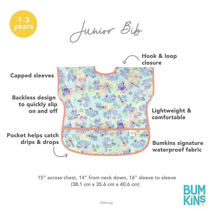 Bumkins Disney Stitch, Junior Bib, Waterproof Fabric, 2-pack