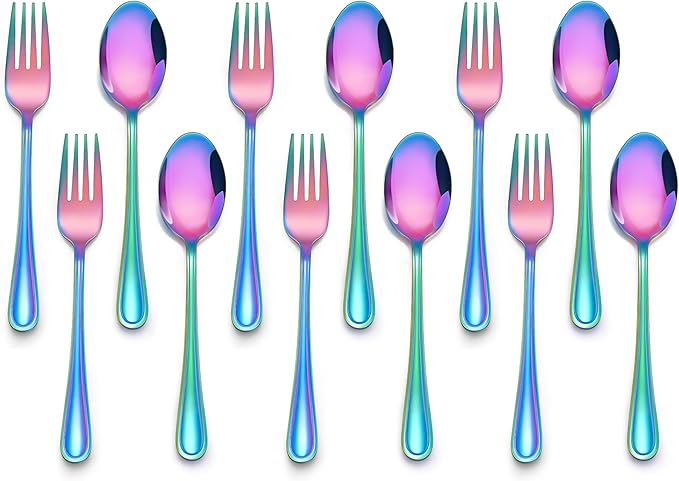 E-far 12-Piece Toddler Silverware, Stainless Steel Kids Utensils Forks and Spoons, Children Safe Mirror Polished Metal Cutlery Set for Self Feeding, 6 Forks & 6 Spoons(Rainbow)