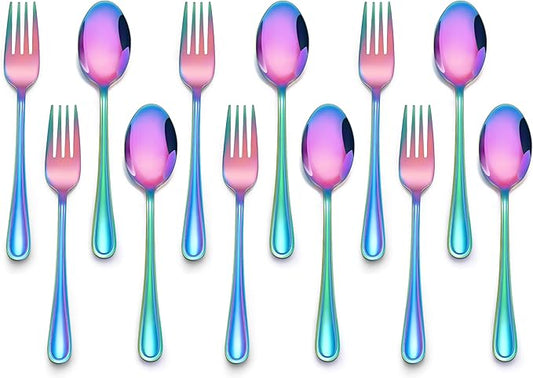 E-far 12-Piece Toddler Silverware, Stainless Steel Kids Utensils Forks and Spoons, Children Safe Mirror Polished Metal Cutlery Set for Self Feeding, 6 Forks & 6 Spoons(Rainbow)