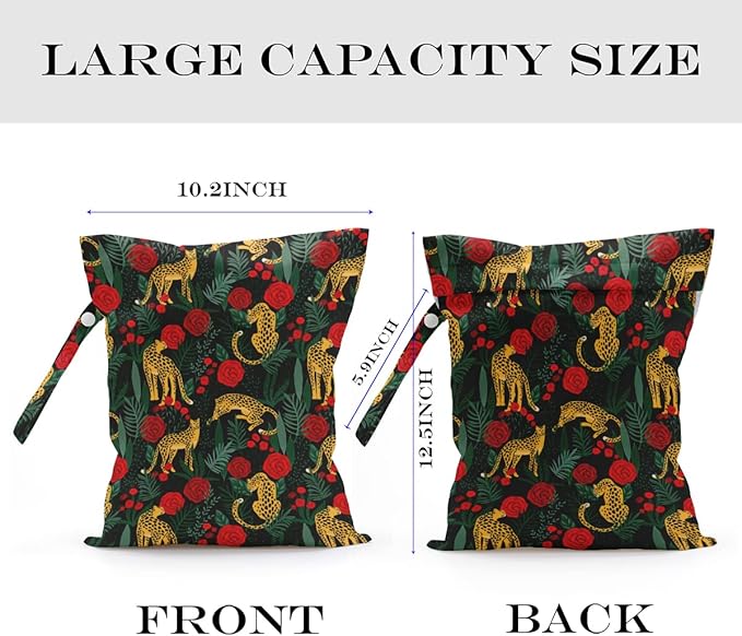 Wet Dry Bag, Wet Bag for Swimsuit, Travel, Beach, Pool, Diapers, Dirty Gym Clothes, Makeup Bag, Camping Accessories, Waterproof Reusable Jungle Tropical Leaves Cheetah Print