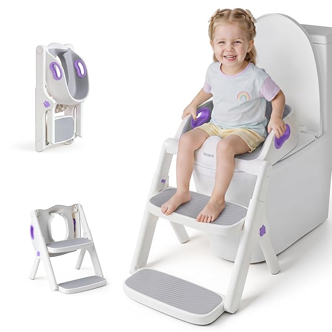lalalark Potty Training Seat, 2-in-1 Toddler Toilet Seat with Steps, Upgrade Potty Step Stool for Toddler with Anti-slip Pad Step Stool, Extended Splash Guard, Foldable Potty Ladder Boys Girls, Purple