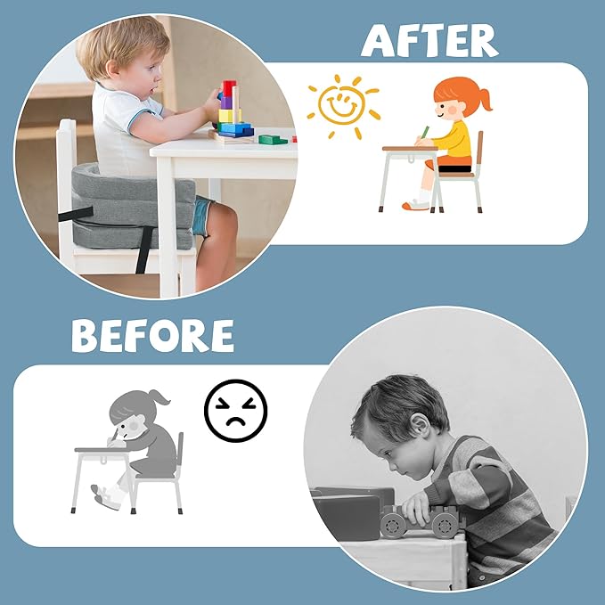 ROYALAY Toddler Booster Seat for Dining Table, Adjustable Height Booster Seat Pad for Kids Chair, 5.3inch Portable Booster Cushion with Straps, Travel Booster Seats for Baby Child Boys Girls(Grey)