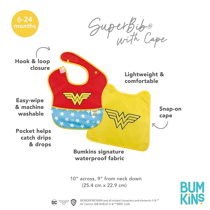 Bumkins Bib for Girl or Boy, Baby and Toddler for 6-24 Months, Essential Must Have for Eating, Feeding, Baby Led Weaning, Mess Saving Waterproof Soft Fabric, SuperBib with Cape, Wonder Woman DC Comics