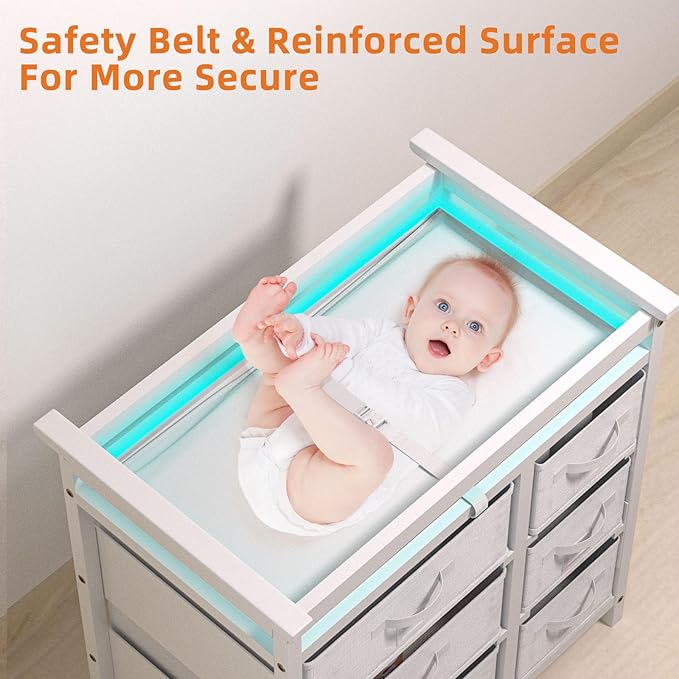 YUFU Changing Table, Nursery Dresser with 6 Storage Drawers, Safety Rails & Strap, Baby Diaper Changing Station, White