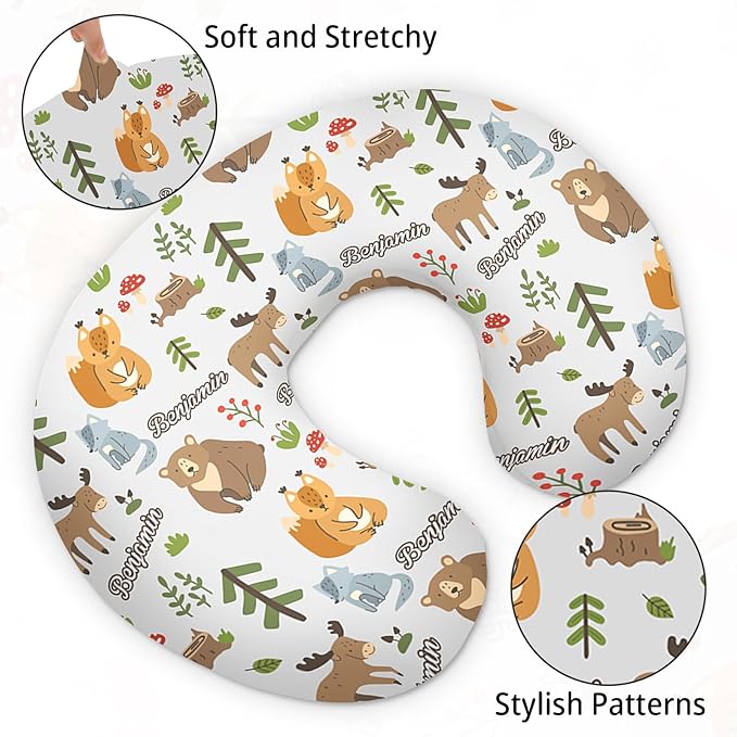 Baby Nursing Pillow Cover - Personalized Name Breastfeeding Pillow Cover with Fox Pattern, Stretchy Removable U-Shaped for New Moms, Soft Breathable Slipcover for Infant Boys Girls