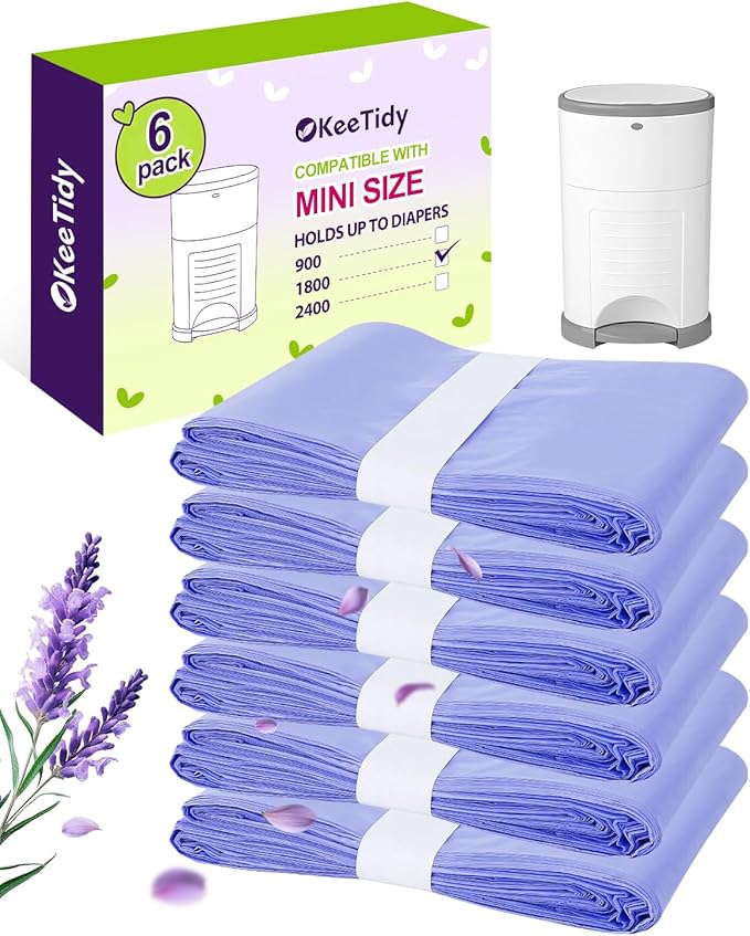 Diaper Pail Refill Bags Compatible with DEKOR MINI Diaper Pails, 20% Extra Length Diaper Bags Disposable with Lavender Flavor, Holds up to 1800 Diapers, 6 Pack