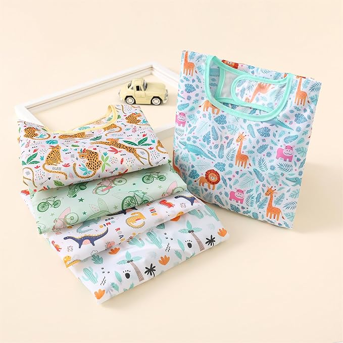 Long Sleeved Bibs, Pack of 5,Lightweight Waterproof Shirt Bibs for Baby Toddler 6-30 Months