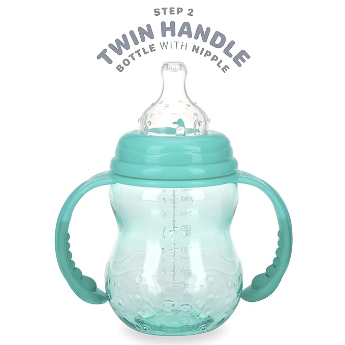 Nuby 3 Stage Tritan Wide Neck Grow with Me No-Spill Bottle to Cup, 8 Oz, Teal (Pack of 2)